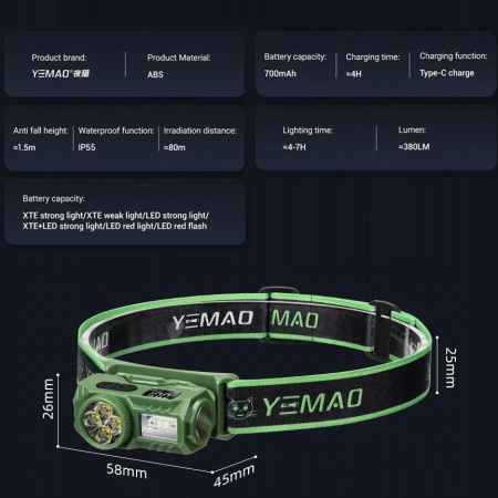 Налобный фонарь YEMAO YM-T614, 500LM, (White+Red), Сенсор, ЗУ Type-C
