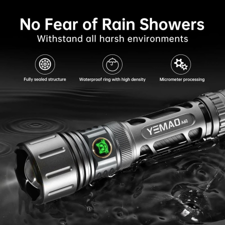Ручной фонарь YEMAO YM-А60, 1200LM, TG LED, Zoom, 1x18650 аккум, TYPE-C 