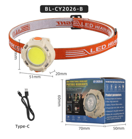 Налобный фонарь CY-2026-B-COB, 2LED красный, 2LED синий, Li-Ion аккумулятор, ЗУ Type-C