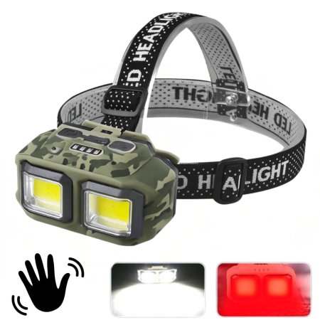 Налобный фонарь HX-M816S-2COB(White+Red) camouflage, Motion Sensor, Waterproof, 1x18650, ЗУ Type-C
