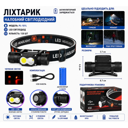 Налобный фонарь PL-101L, 1х18650, ЗУ Type-C