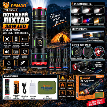 Ручний ліхтар YEMAO YM-G634-1, 2500LM, 30W LED, 1*40700 аккум, TYPE-C