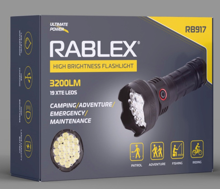 Ручной фонарь Rablex RB917, 19XTE, 1х18650 аккумулятор, Type-C, 3200LM