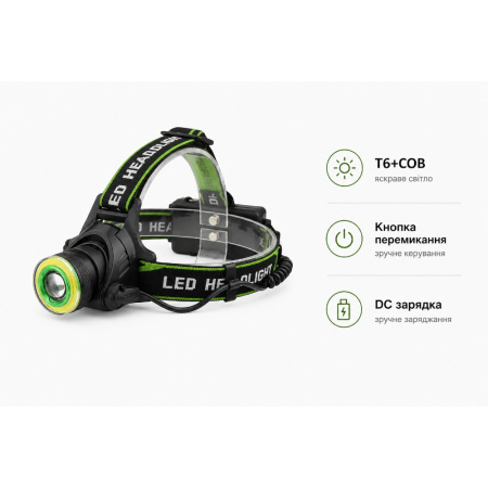Налобный фонарь PL107, BL-T107-T6, 2х18650, ЗУ microUSB, T6+Cob, Zoom