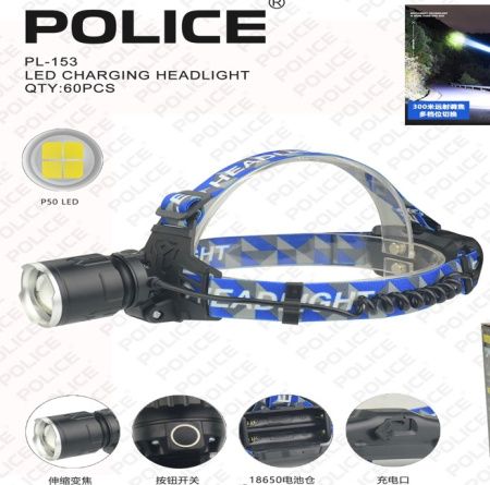 Налобный фонарь Police PL-153, P50, 2х18650 аккум, Type-C