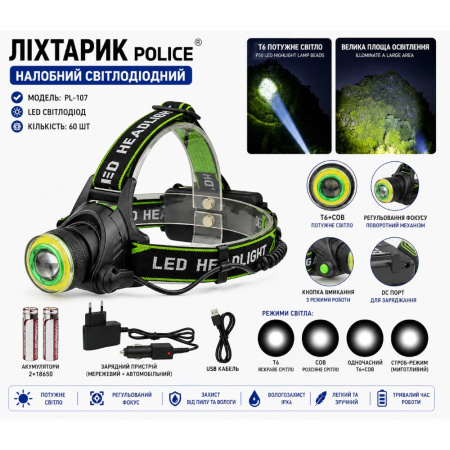 Налобный фонарь PL107, BL-T107-T6, 2х18650, ЗУ microUSB, T6+Cob, Zoom