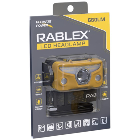 Налобный фонарь Rablex RB967, жёлтый+белый+красный, 3хT6+4хCOB, Sensor, аккум, Type-C