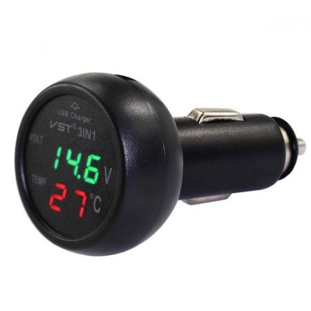 Вольтметр с термометром + 1 USB в автомобиль VST-706-4, кр/зел.,