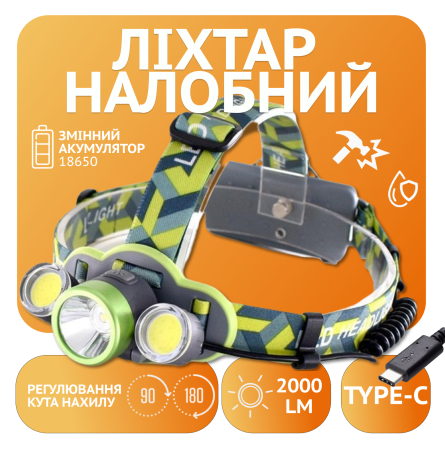 Налобный фонарь Rablex RB954, T6+2хCOB, 2х18650 аккум, Type-C