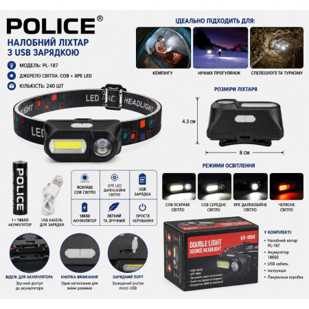Налобный фонарь Bailong BL-1804R, LED+COB, красный, белый, аккумулятор 18650, micro USB, 8920