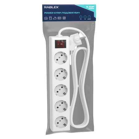 Сетевой фильтр Rablex RB5-2M 5 розеток 2 метра 16A 1.5mm 3500W