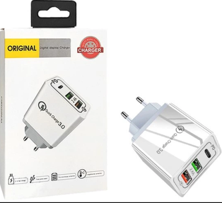 Сетевое зарядное устройство 2.4A 20W QC3.0 USB Fast Charger 3.0 + USB 2.4A + PD 2.1A White
