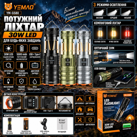 Ручной фонарь YEMAO YM-G580, 2500LM, 30W LED, 1*26650 аккум, TYPE-C 