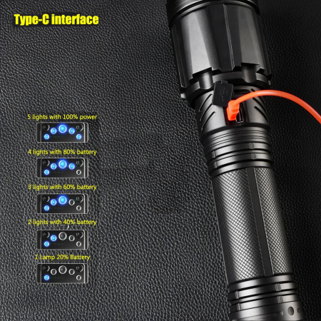 Ручной фонарь YEMAO YM-G999-60W, 5000LM, XH P360 LED, 8*18650 аккум, TYPE-C 