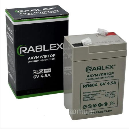 Аккумуляторная батарея Rablex 6V 4.5Ah (RB645), свинцово-кислотная (SLA)