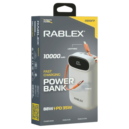 Повербанк Rablex RB10FP, 10000mAh, Lightning, Type-C, Быстрая зарядка, 88W, PD35W