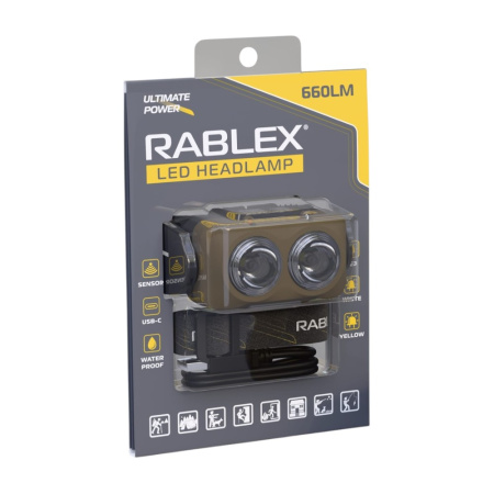 Налобный фонарь Rablex RB976, жёлтый+белый+красный, 3хT6+4хCOB, Sensor, аккум, Type-C