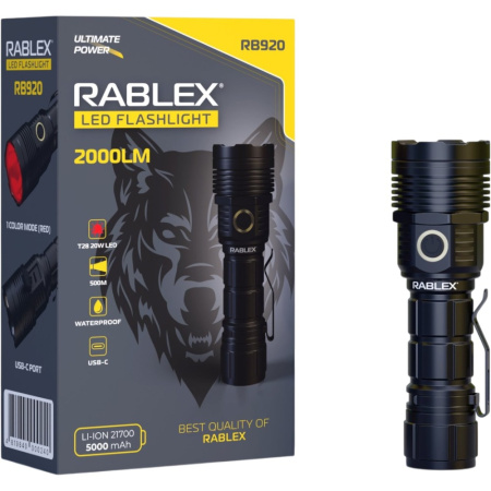 Ручной фонарь Rablex RB920, КРАСНЫЙ СВЕТ, 1хT28, 1х21700 аккумулятор, zoom, Type-C, 2000LM