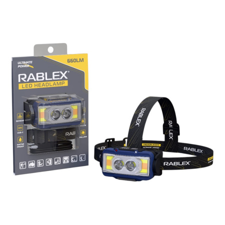 Налобный фонарь Rablex RB980, жёлтый+белый+красный, 3хT6+4хCOB, Sensor, аккум, Type-C