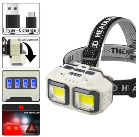 Налобный фонарь HX-816S-2COB PL-124, Белый, Красный, Motion Sensor, Waterproof, 1x18650, ЗУ Type-C