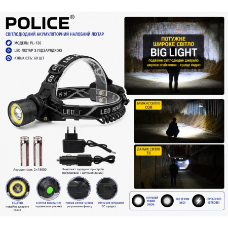 Налобный фонарь PL126, Акк., T6 LED, Zoom, автомобильная зарядка