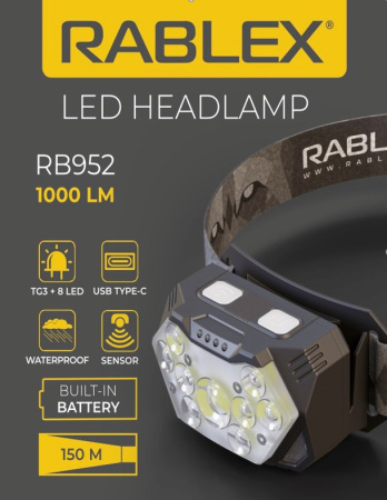 Налобный фонарь Rablex RB952, жёлтый+белый+красный, 3хTG+8хLED+2хRED LED, Sensor, аккум, Type-C Налобный фонарь Rablex RB952, жёлтый+белый+красный, 3хTG+8хLED+2хRED LED, Sensor, аккум, Type-C