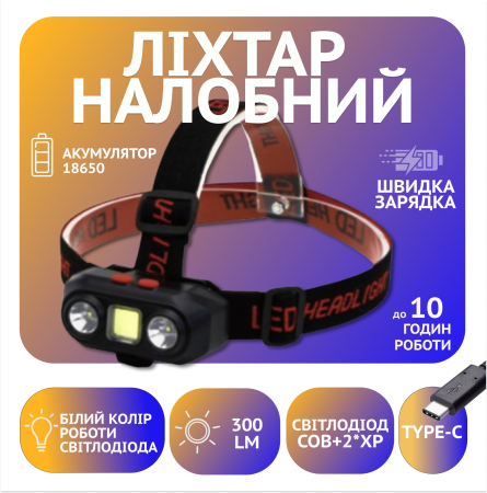Налобный фонарь PL-167, COB, 2XP, Li-on 18650, ЗУ Type-C