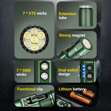 Ручной фонарь YEMAO YM-F337X, 3500LM, 8*XTE LED, красный, синий, зеленый и ультрафиолетовый,  TYPE-C