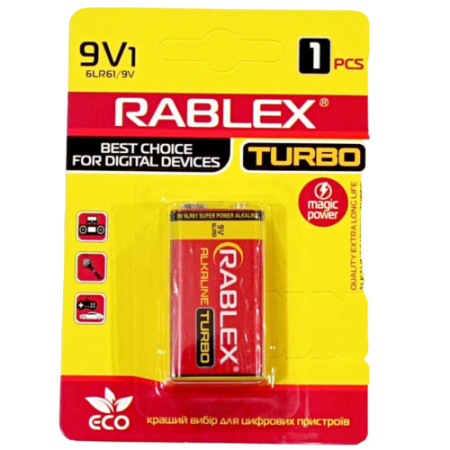 Батарейка Rablex Крона 6F22/ 9V / Alkaline/ TURBO/ БЛИСТР