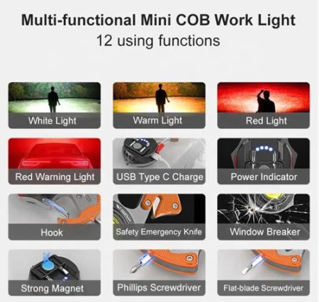 Фонарь для кемпинга W5143-COB, Белый, Жёлтый, Красный, multitool, Li-Ion, магнит, карабин