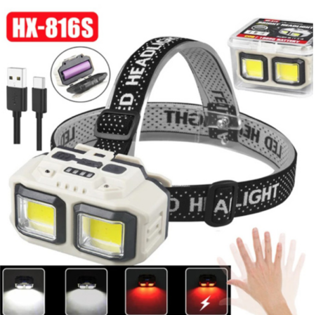 Налобный фонарь HX-816S-2COB PL-124, Белый, Красный, Motion Sensor, Waterproof, 1x18650, ЗУ Type-C