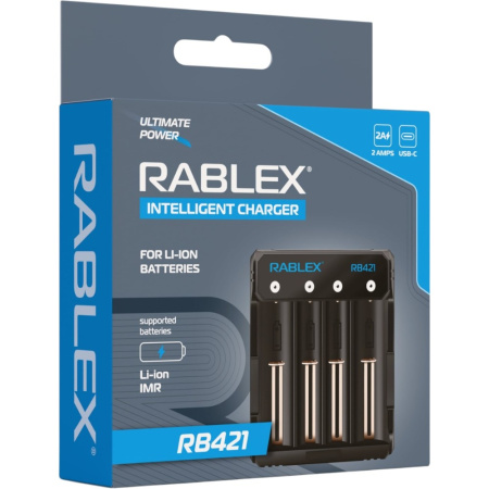 Зарядное устройство Rablex RB421, 4 аккумулятора Li-Ion, IMR, (18650, 14500, 16340, 26650, 21700)