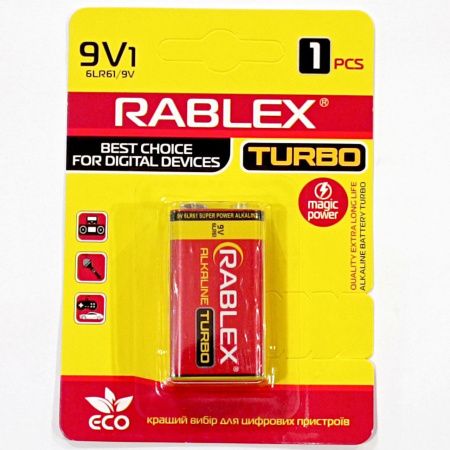 Батарейка Rablex Крона 6F22/ 9V / Alkaline/ TURBO/ БЛИСТР