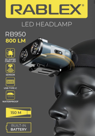 Налобный фонарь Rablex RB950, красный+белый свет, 2хXPL+16хCOB+1хRED COB, аккум, Type-C