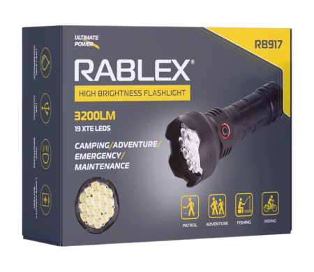 Ручной фонарь Rablex RB917, 19XTE, 1х18650 аккумулятор, Type-C, 3200LM