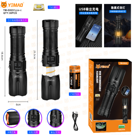 Ручной фонарь YEMAO YM-G522 TG 30W, 1x40700, ЗУ Type-C, zoom