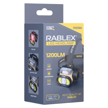 Налобный фонарь Rablex RB986, белый+красный свет, 1200 Lumen, Type-C, Сенсор, водонепроницаемый