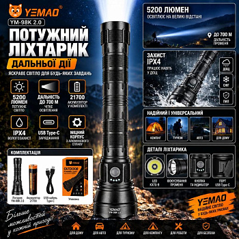 Ручний ліхтар YEMAO YM-98K2.0, 2840LM, TG LED, Zoom, 1x21140 аккум, TYPE-C