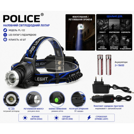 Налобный фонарь Bailong BL-6699, PL122, Аккумулятор, T6 LED, Zoom, MicroUSB