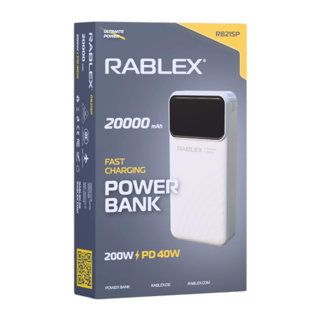 Повербанк Rablex RB21SP, 20000mAh, Lightning, Type-C, Быстрая зарядка, 200W, PD40W