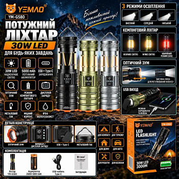 Ручний ліхтар YEMAO YM-G580, 2500LM, 30W LED, 1*26650 аккум, TYPE-C