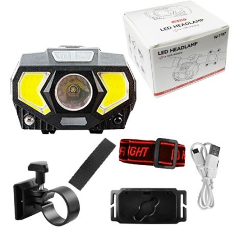 Налобный фонарь W-7707, JQ-2201, XPE-2COB красный+1LED синий, сенсор, вело крепление, ЗУ micro USB