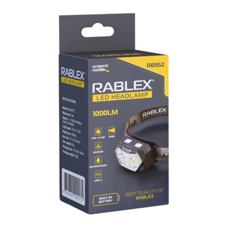 Налобный фонарь Rablex RB952, жёлтый+белый+красный, 3хTG+8хLED+2хRED LED, Sensor, аккум, Type-C Налобный фонарь Rablex RB952, жёлтый+белый+красный, 3хTG+8хLED+2хRED LED, Sensor, аккум, Type-C