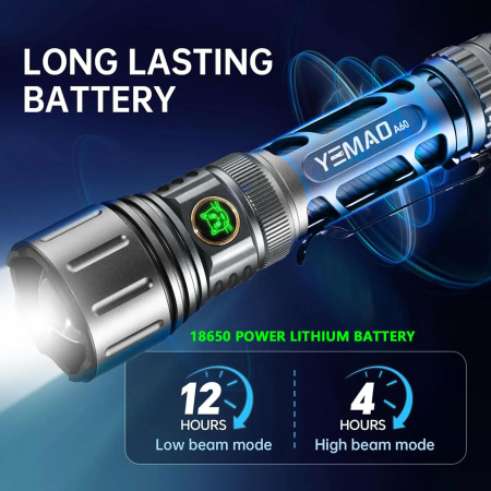 Ручной фонарь YEMAO YM-А60, 1200LM, TG LED, Zoom, 1x18650 аккум, TYPE-C 