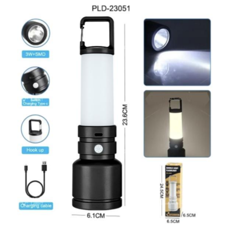 Ручной фонарь CH-23051-3W+SMD, Li-Ion аккум., карабин, ЗУ Type-C